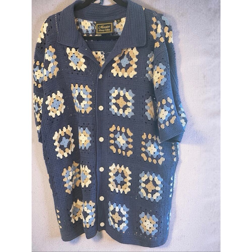 Massive Luxury Edition Crochet Knit Shirt XL Blue Granny Square Button Cardigan